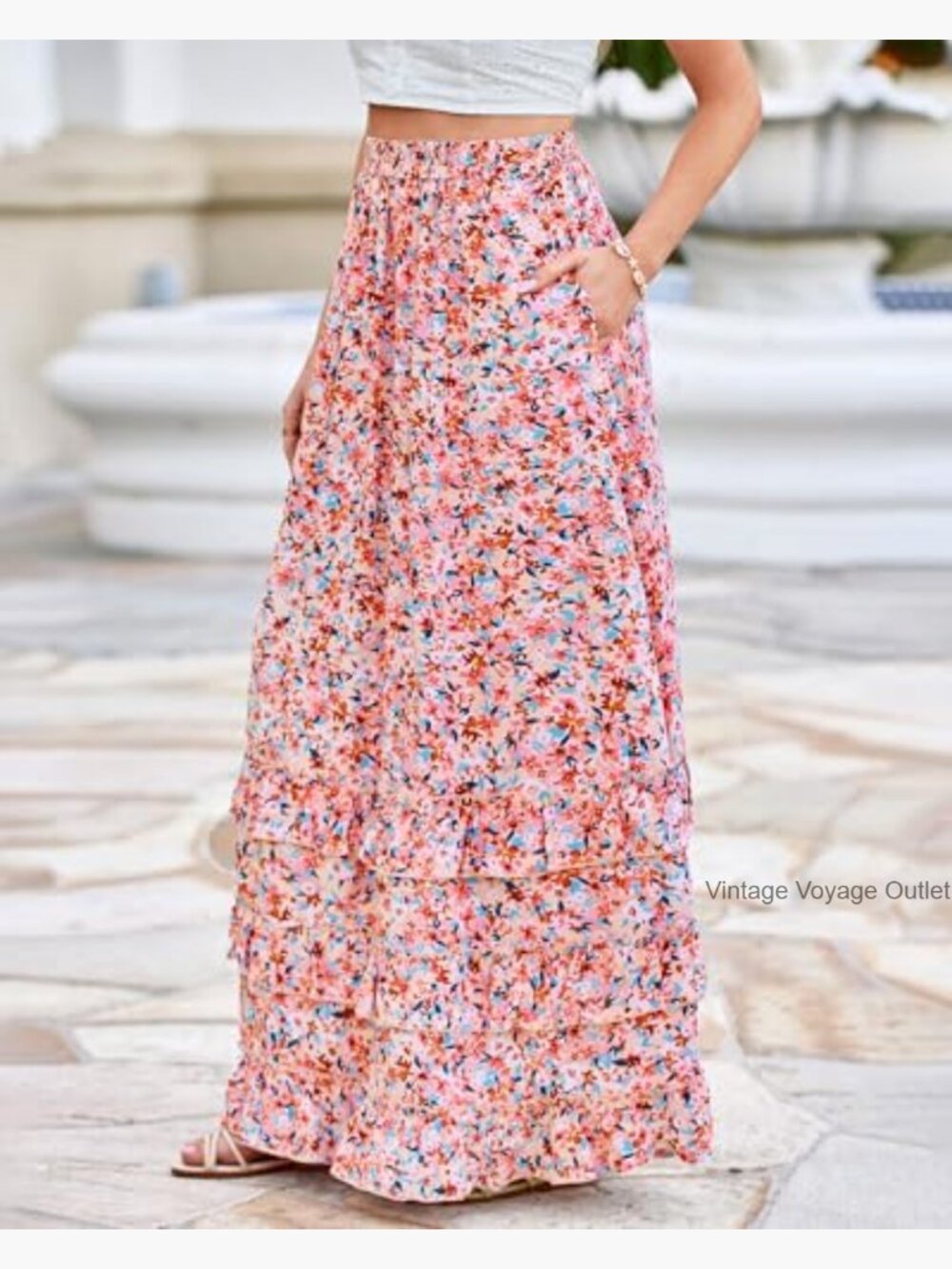Maxi Skirt with Elastic Waist Floral A-Line Ruffle Tiered Wedding Guest - Picture 6 of 7